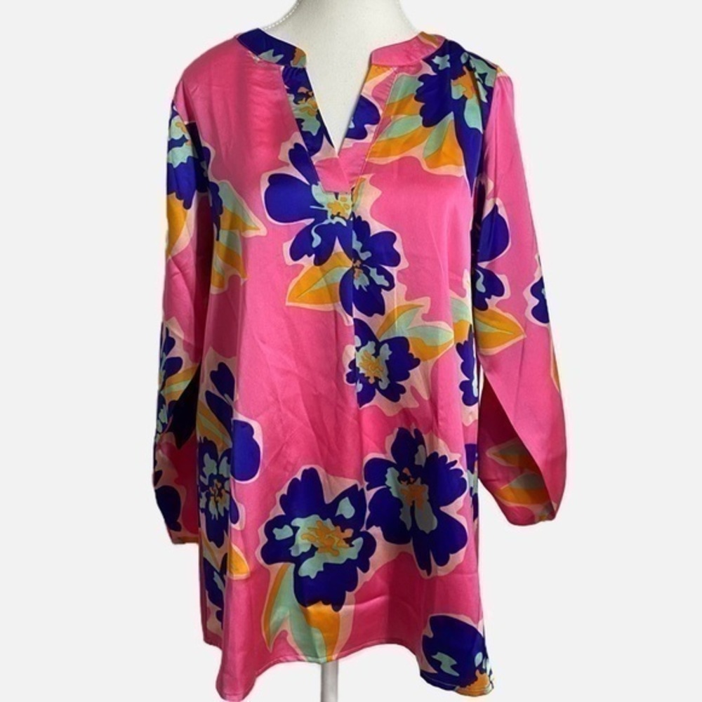 Jodifl Pink and Blue Floral Long Sleeve Blouse NWT - Picture 1 of 14